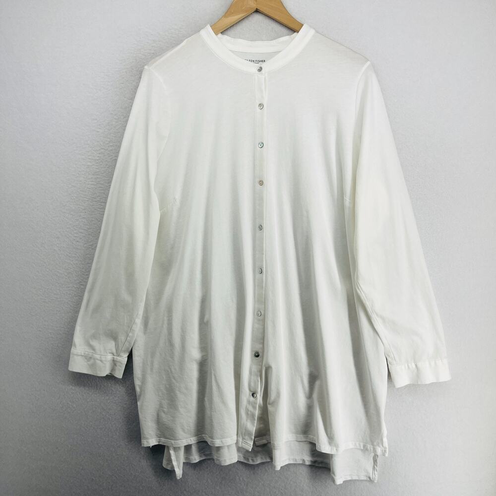 EILEEN FISHER Top 3X Organic Cotton Jersey Tunic Mandarin Button Up White USA